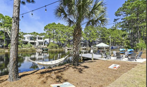 Backyard with dock and hammock